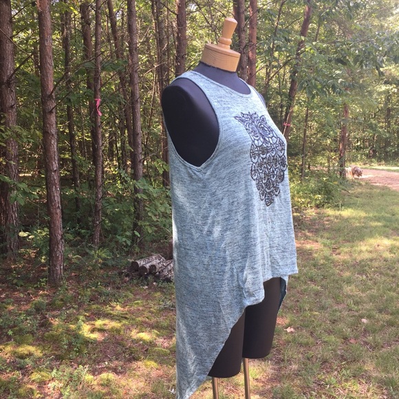 Owl High Low Shirt M Sleeveless Aqua Gray Heather - Picture 6 of 11